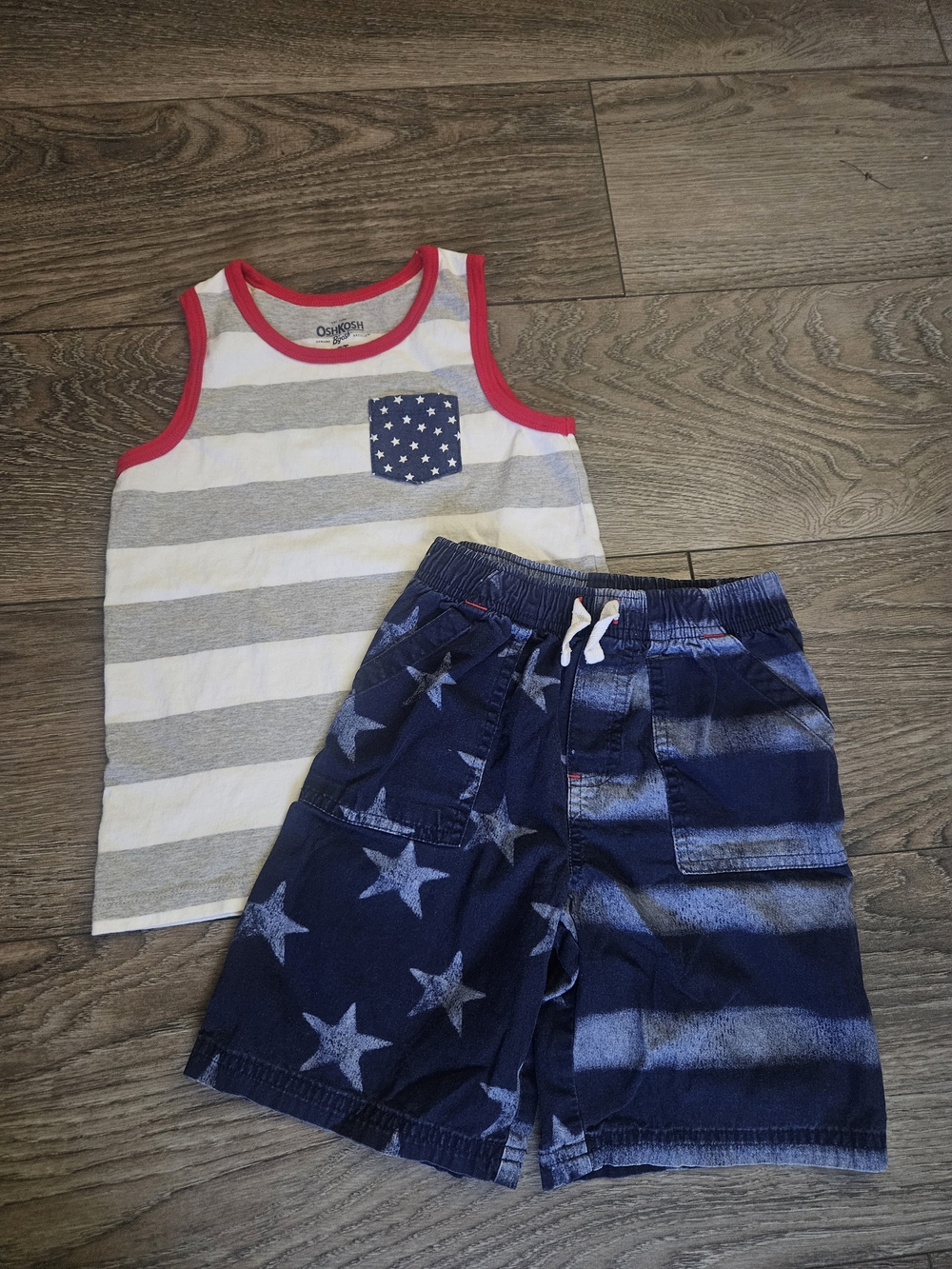 OshKosh B'gosh Boys' Red-Trim Grey Striped Tank & Navy Star Shorts Set